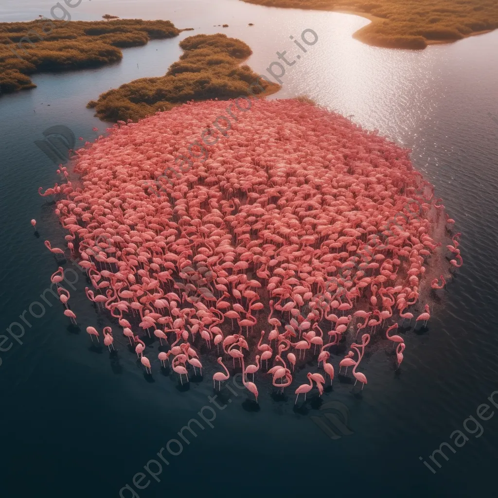 Aerial view of a herd of flamingos in a lagoon. - Image 1