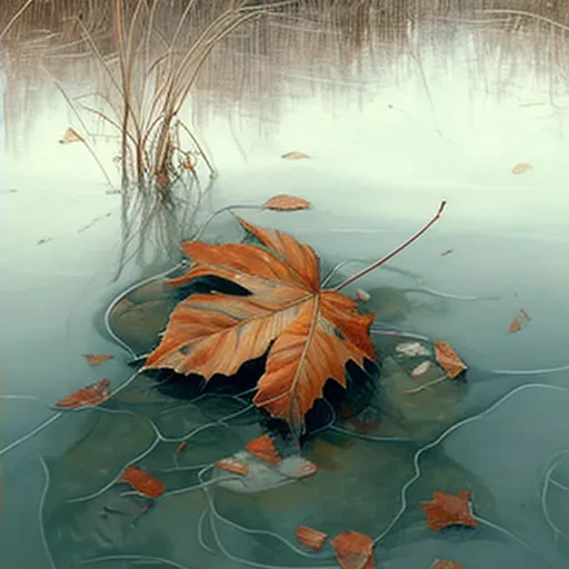 Autumn leaf on freezing pond surface - Image 2