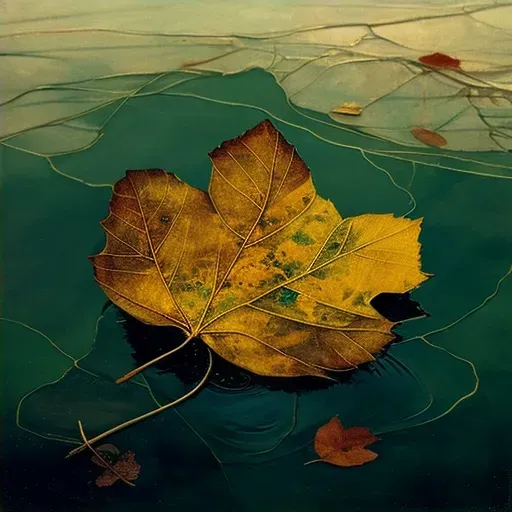 Autumn leaf on freezing pond surface - Image 4