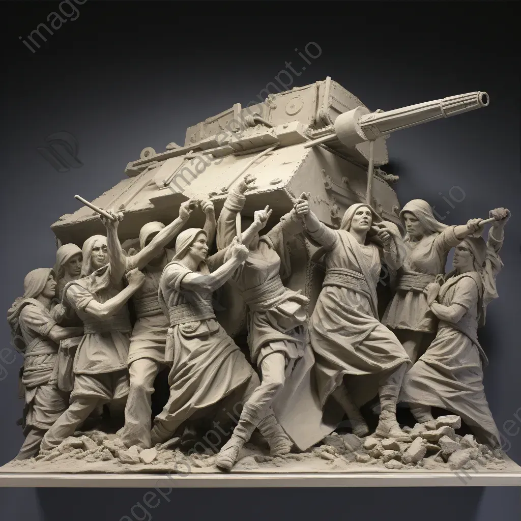 Sculptural relief of fearless peace activists confronting tanks - Image 3