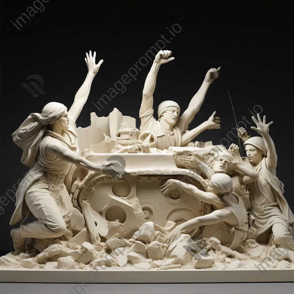 Sculptural relief of fearless peace activists confronting tanks - Image 4