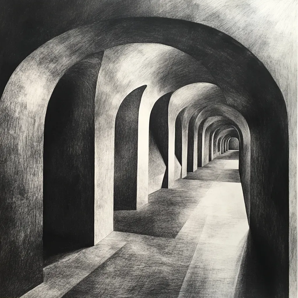 Graphite and charcoal rendering of a labyrinth composed of twisted, eerie dream corridors - Image 1