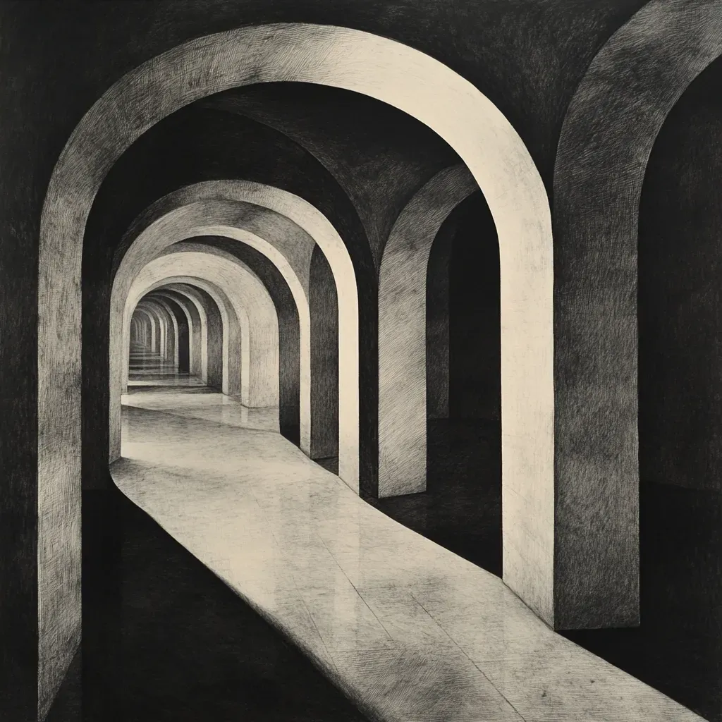 Graphite and charcoal rendering of a labyrinth composed of twisted, eerie dream corridors - Image 4