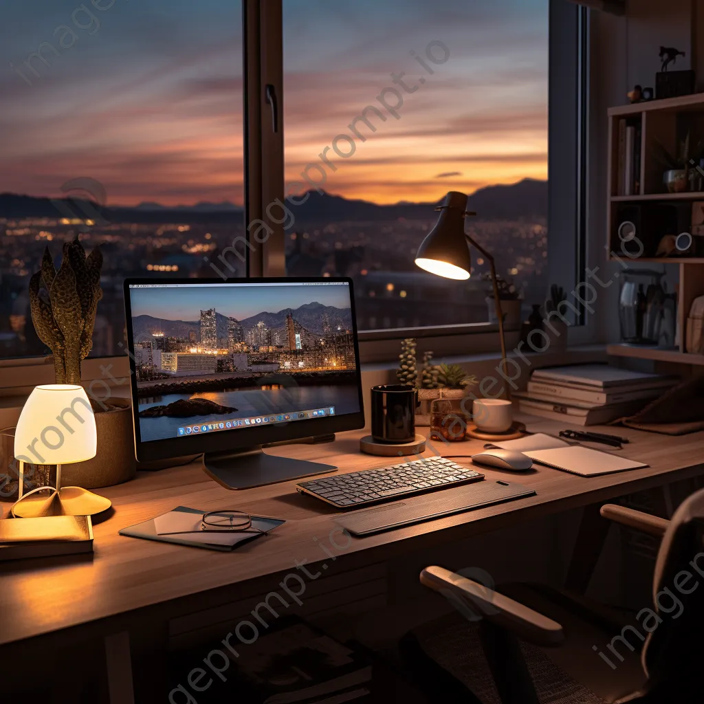 Home office desk with laptop and lamp in evening light - Image 1