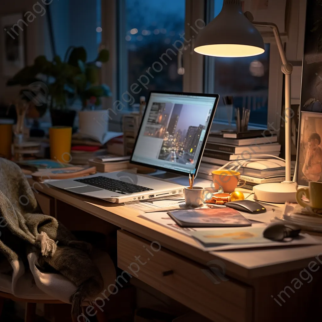 Home office desk with laptop and lamp in evening light - Image 2