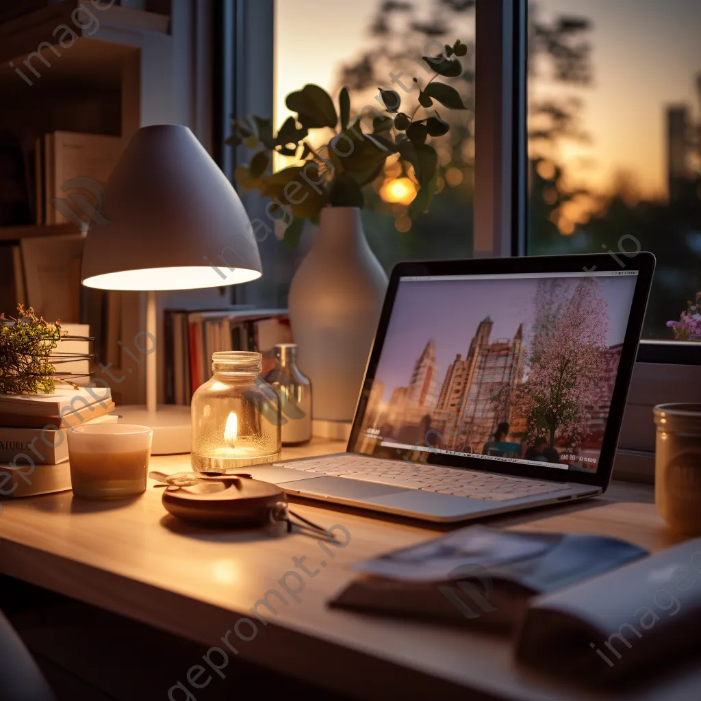 Home office desk with laptop and lamp in evening light - Image 3