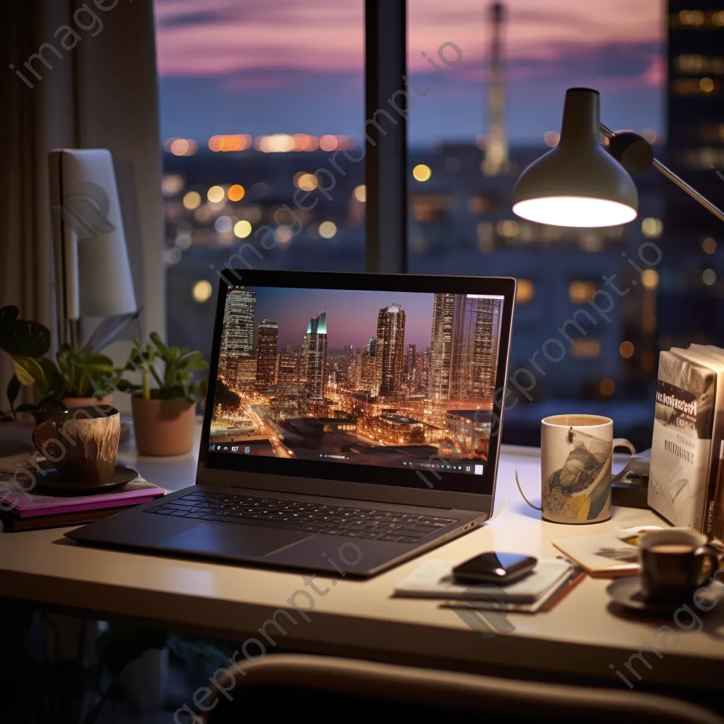 Home office desk with laptop and lamp in evening light - Image 4