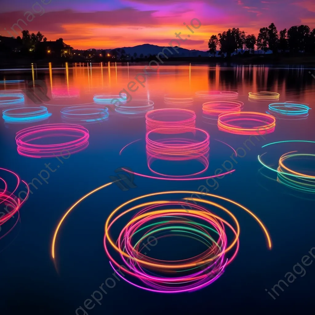 Light painting of geometric shapes over a lake during twilight. - Image 2