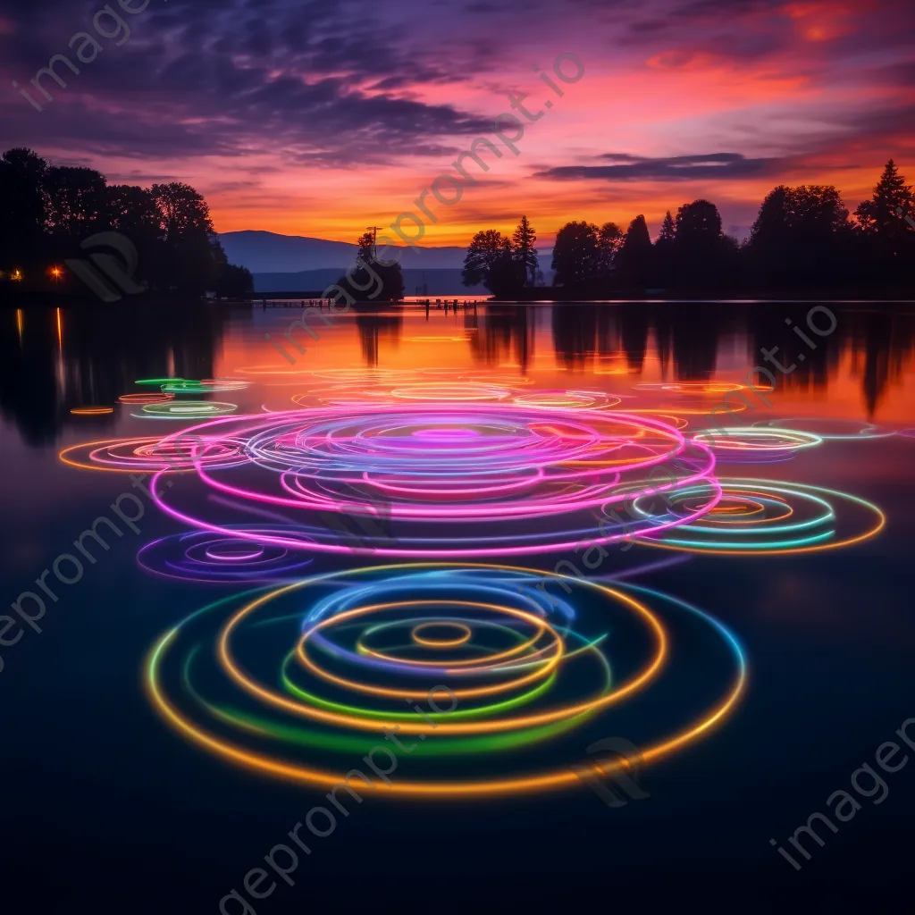 Light painting of geometric shapes over a lake during twilight. - Image 3