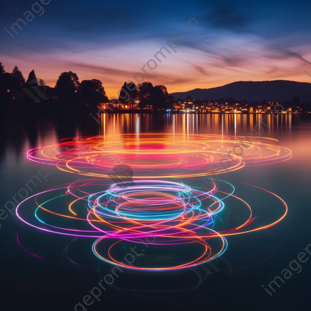 Light painting of geometric shapes over a lake during twilight. - Image 4