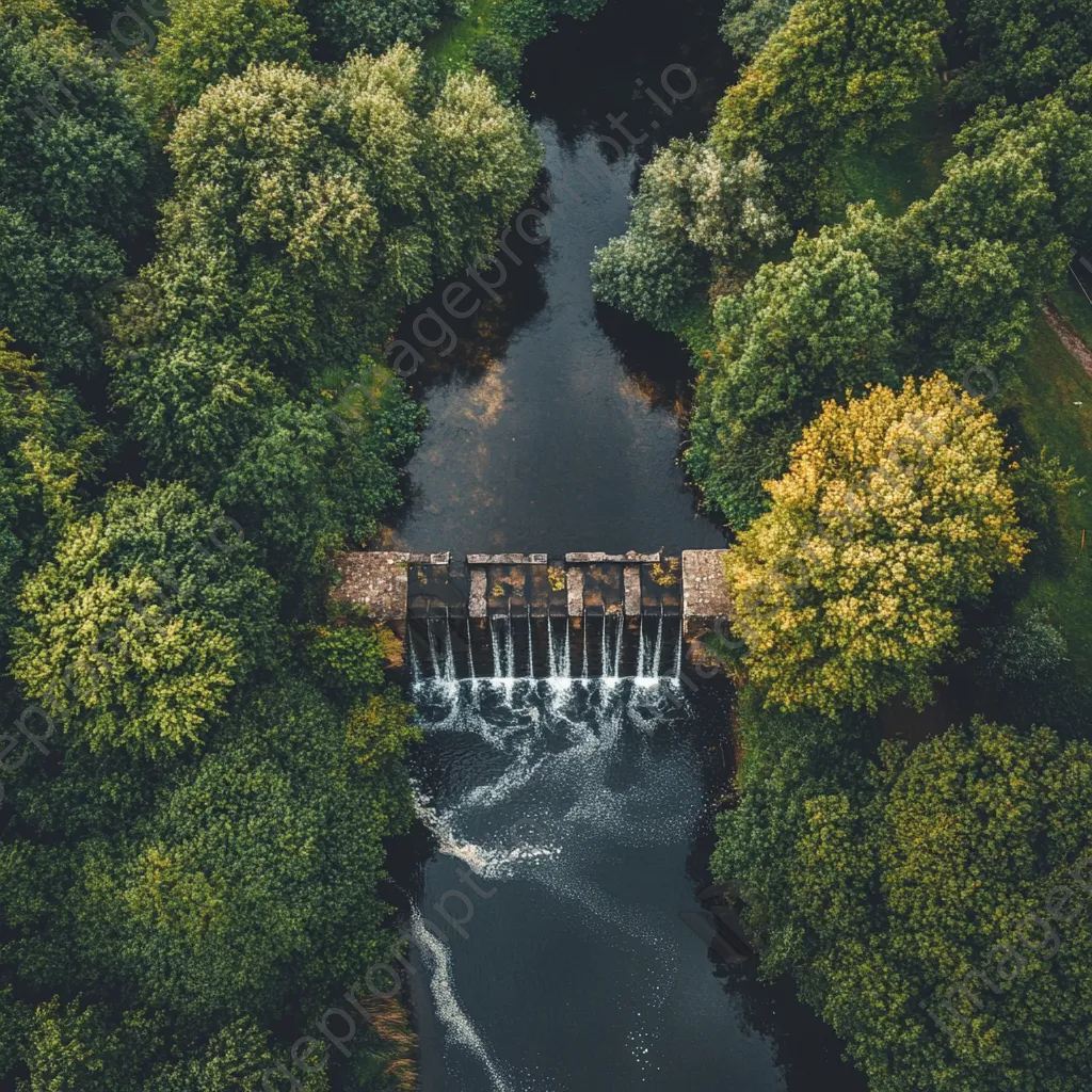 Aerial view of traditional weir in a river bend - Image 1