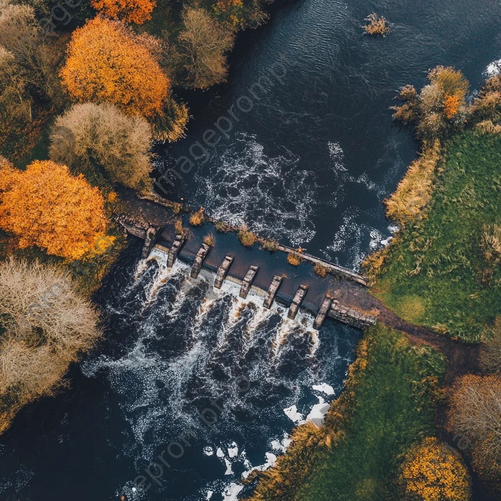 Aerial view of traditional weir in a river bend - Image 4