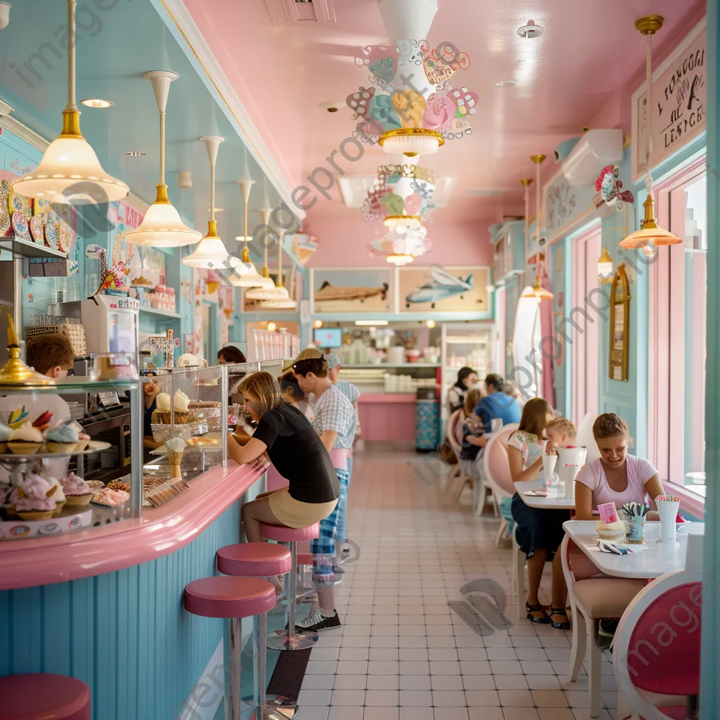 Interior of an ice cream parlor with families enjoying ice cream under bright lighting - Image 1