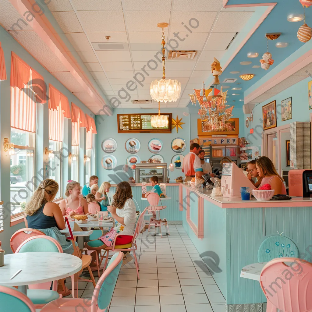 Interior of an ice cream parlor with families enjoying ice cream under bright lighting - Image 2