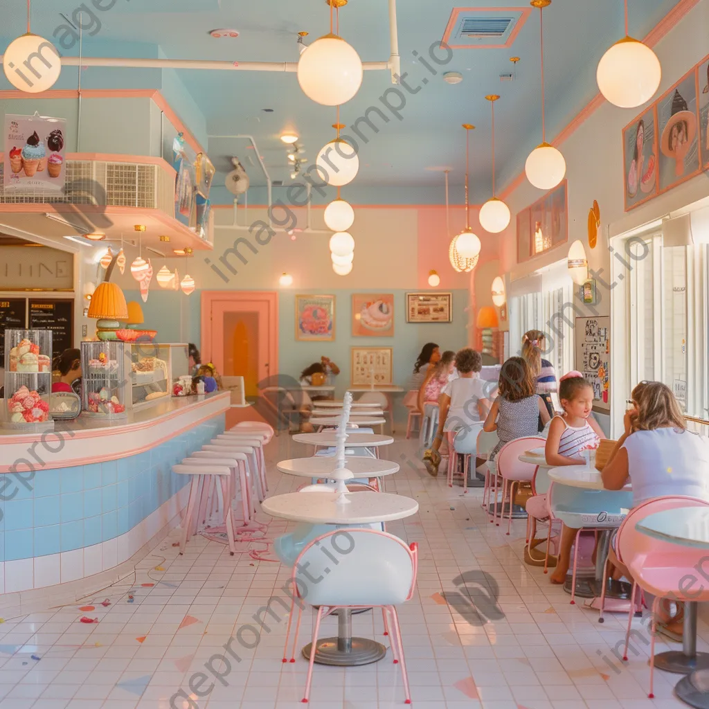 Interior of an ice cream parlor with families enjoying ice cream under bright lighting - Image 3