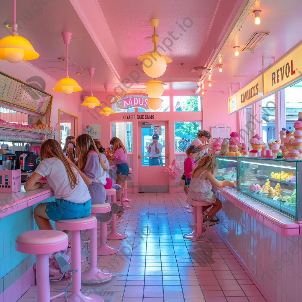 Interior of an ice cream parlor with families enjoying ice cream under bright lighting - Image 4