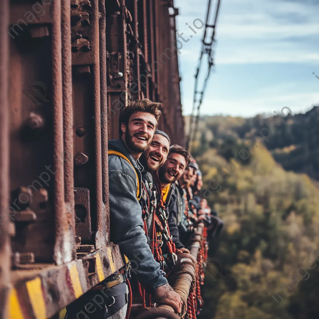 Friends preparing for bungee jump off bridge - Image 2