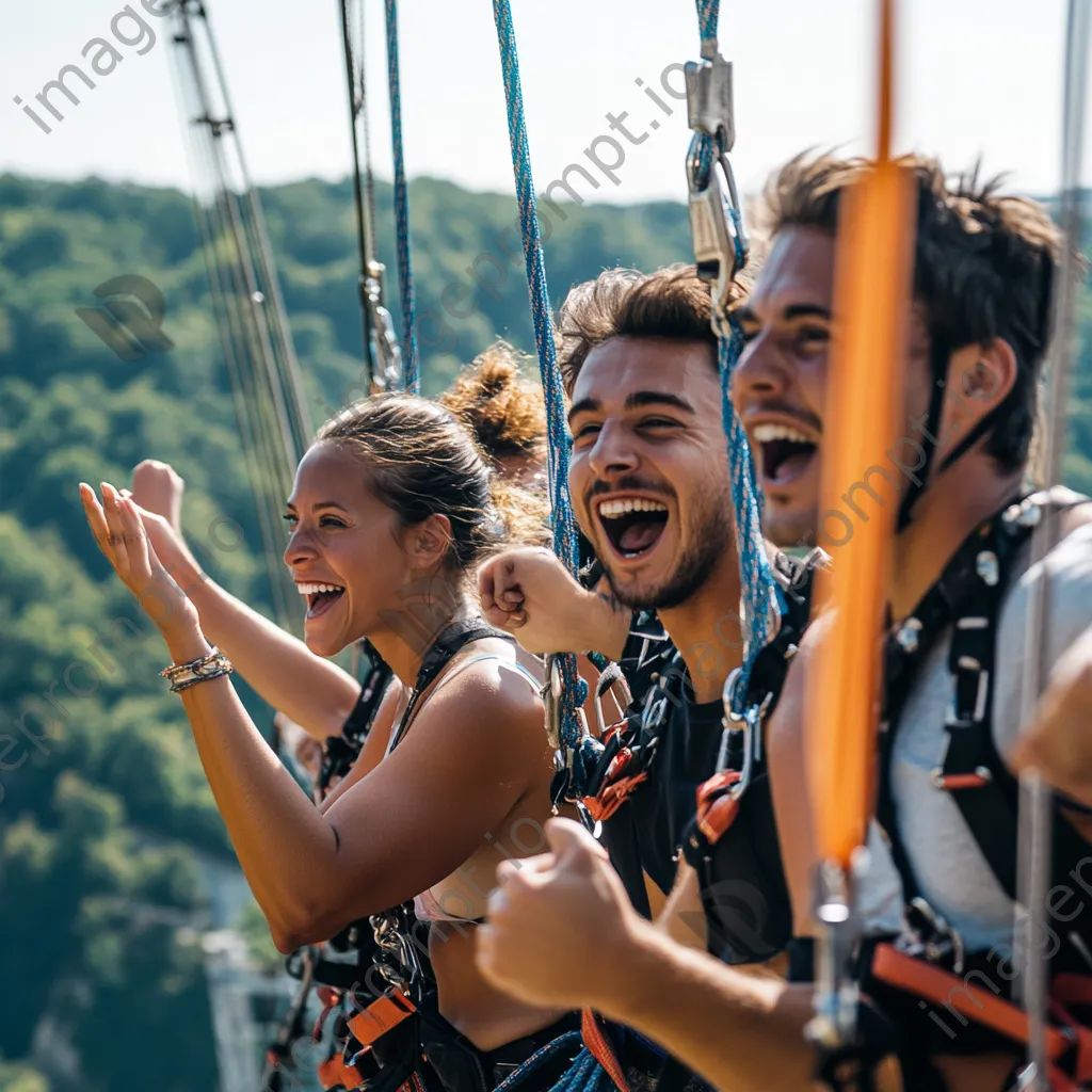 Friends preparing for bungee jump off bridge - Image 4