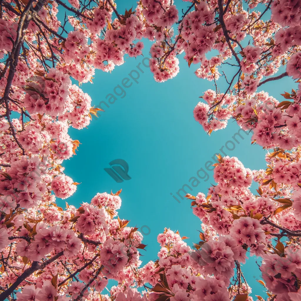 View from beneath blooming cherry blossom trees - Image 1