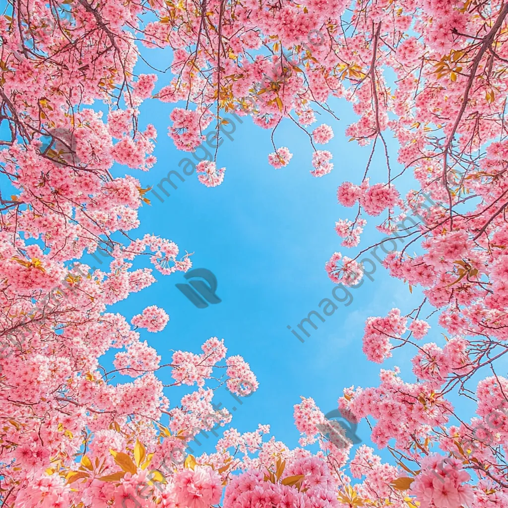 View from beneath blooming cherry blossom trees - Image 2