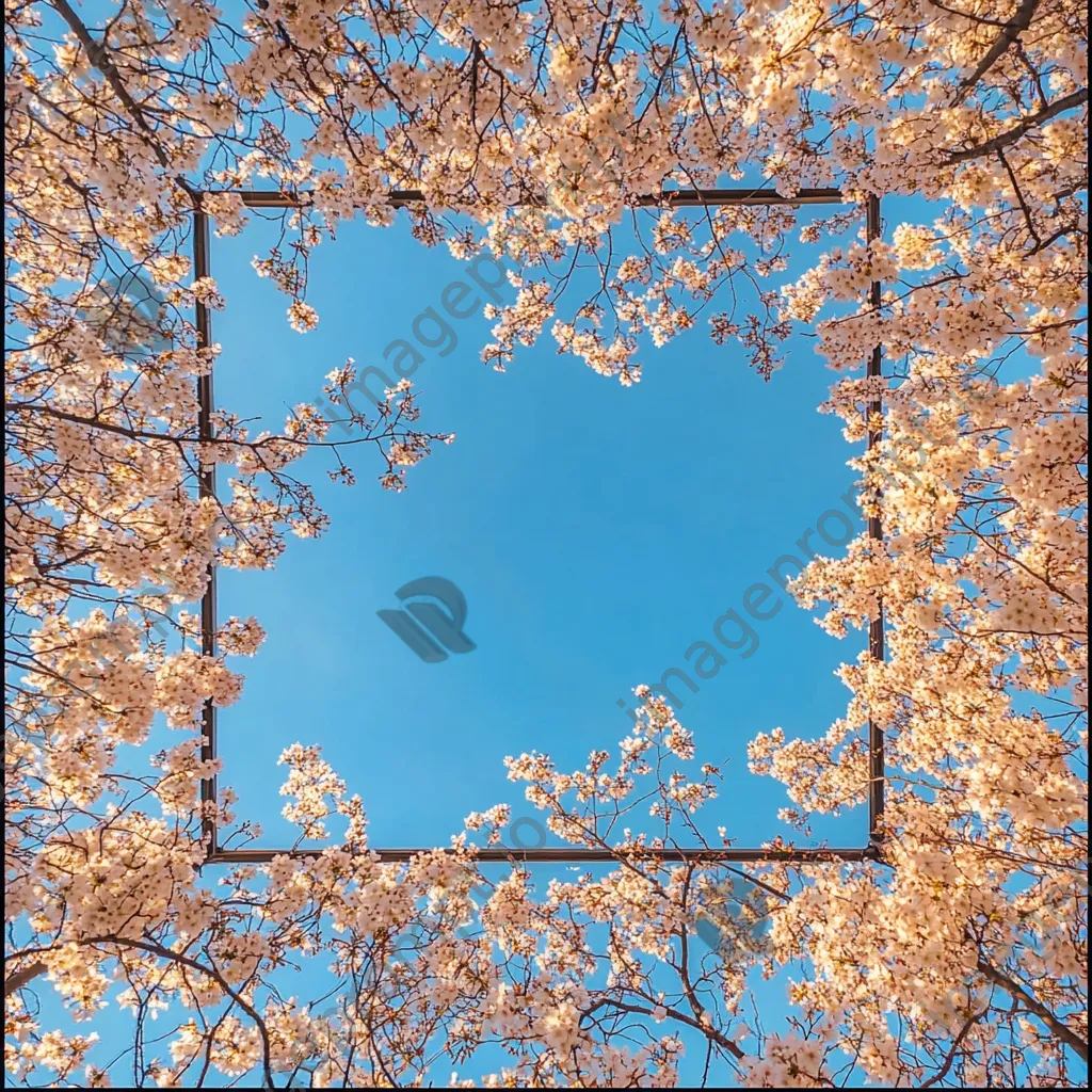 View from beneath blooming cherry blossom trees - Image 3