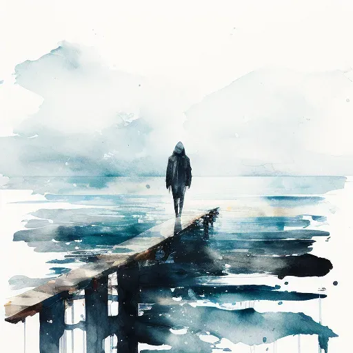 Lone figure standing at the end of a pier, gazing into a calm, infinite sea in an image generated by a prompt. - Image 2