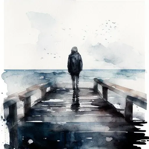 Lone figure standing at the end of a pier, gazing into a calm, infinite sea in an image generated by a prompt. - Image 3