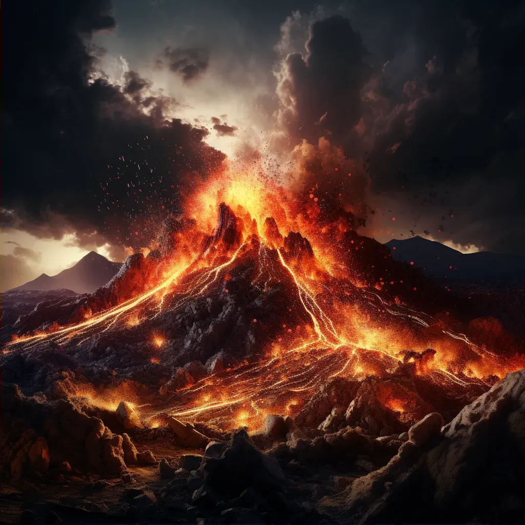 Illustration of a volcanic eruption with molten lava flowing down the mountain slopes. - Image 2