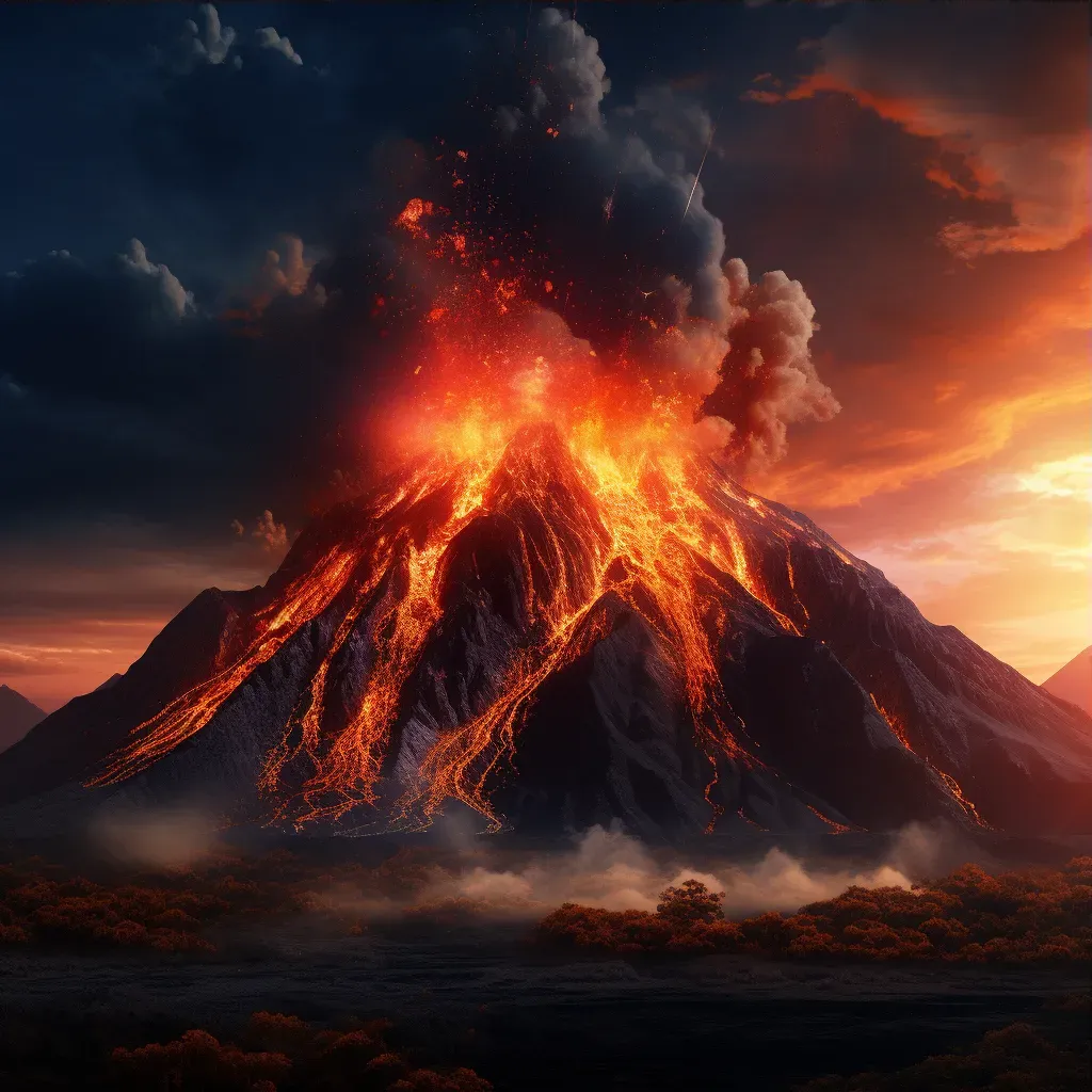 Illustration of a volcanic eruption with molten lava flowing down the mountain slopes. - Image 3