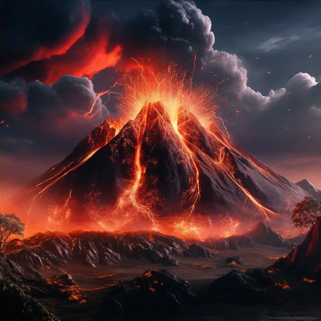 Illustration of a volcanic eruption with molten lava flowing down the mountain slopes. - Image 4