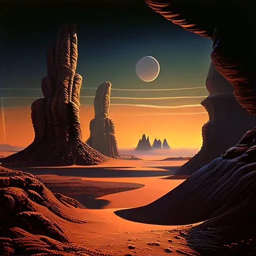 Barren alien landscape with towering rock formations under two setting suns - Image 1