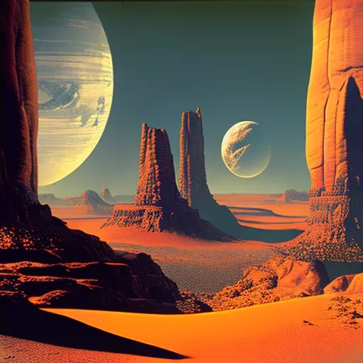 Barren alien landscape with towering rock formations under two setting suns - Image 2