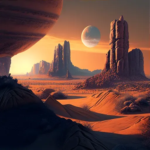 Barren alien landscape with towering rock formations under two setting suns - Image 3