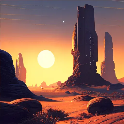 Barren alien landscape with towering rock formations under two setting suns - Image 4