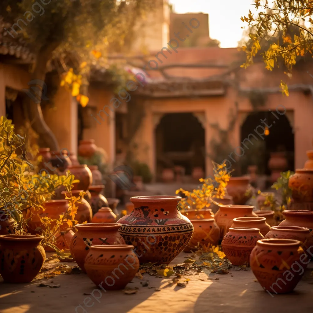 Clay pottery drying on a terrace during sunset - Image 2