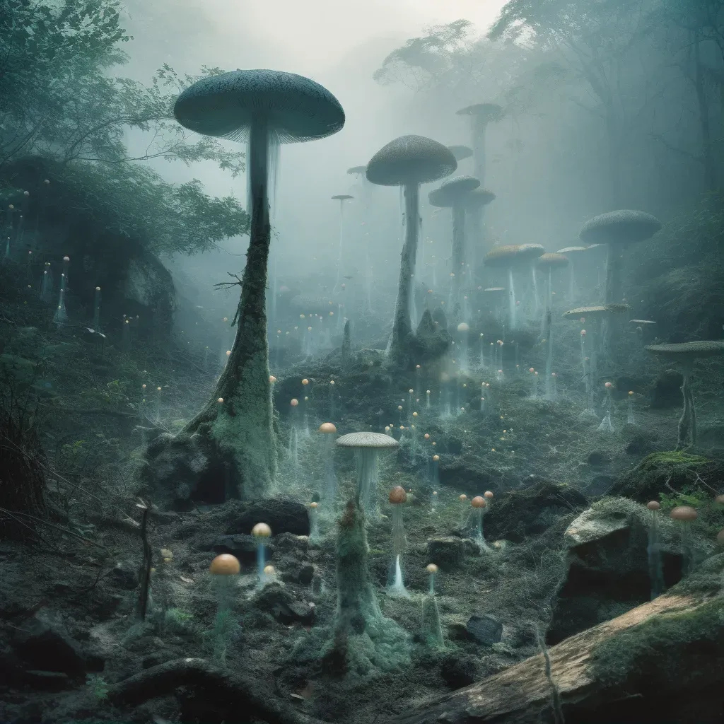 Depiction of alien landscapes of mold spores with rising fungal towers and spires. - Image 1