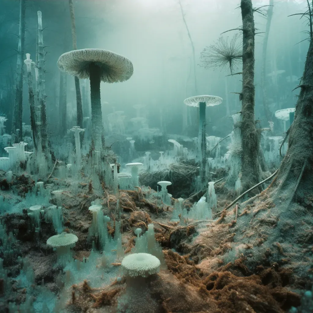 Depiction of alien landscapes of mold spores with rising fungal towers and spires. - Image 3