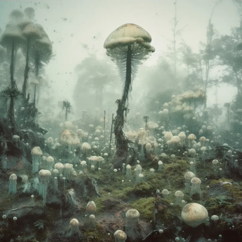 Depiction of alien landscapes of mold spores with rising fungal towers and spires. - Image 4