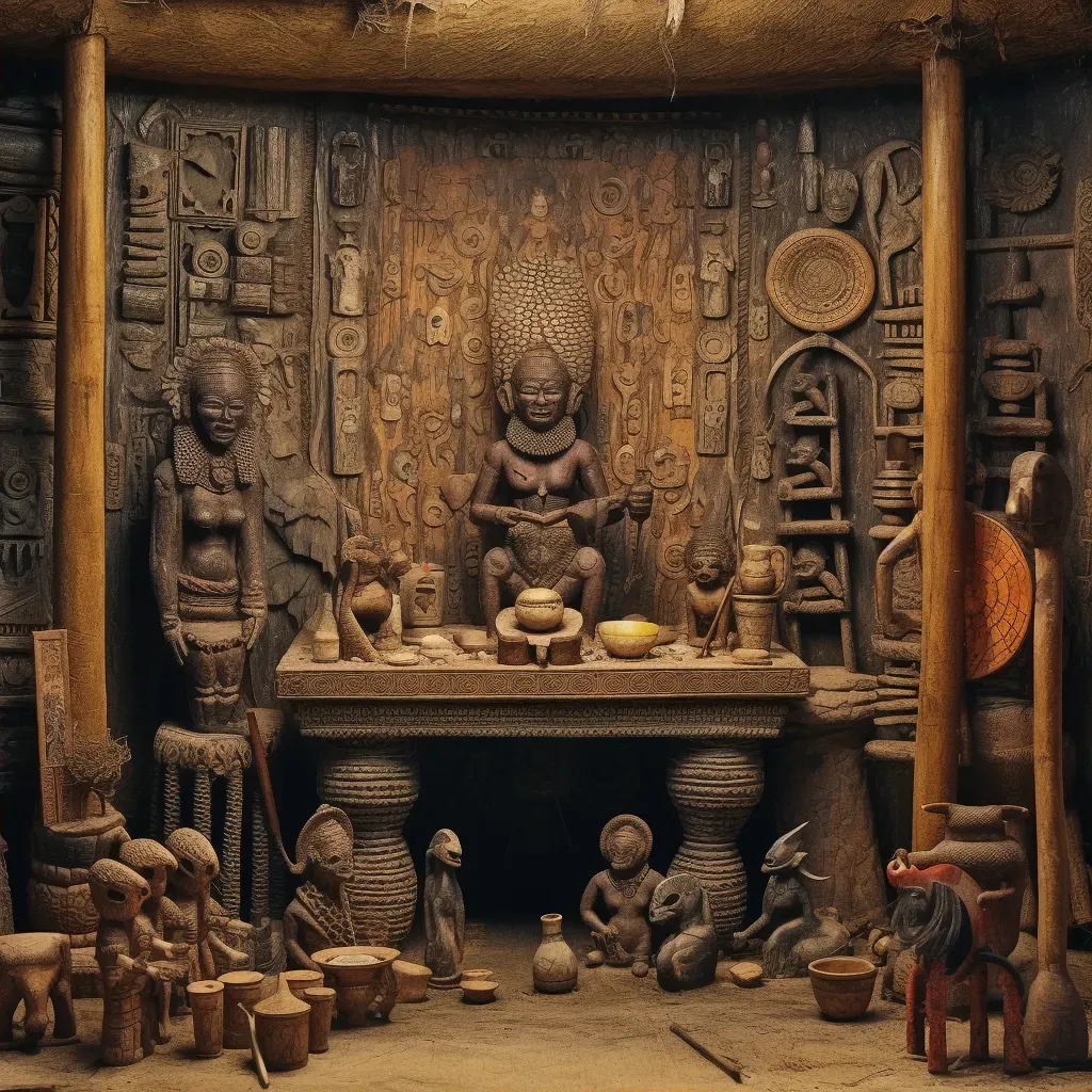 Image of a Yoruba shrine adorned with sacred wooden figures and artifacts - Image 2