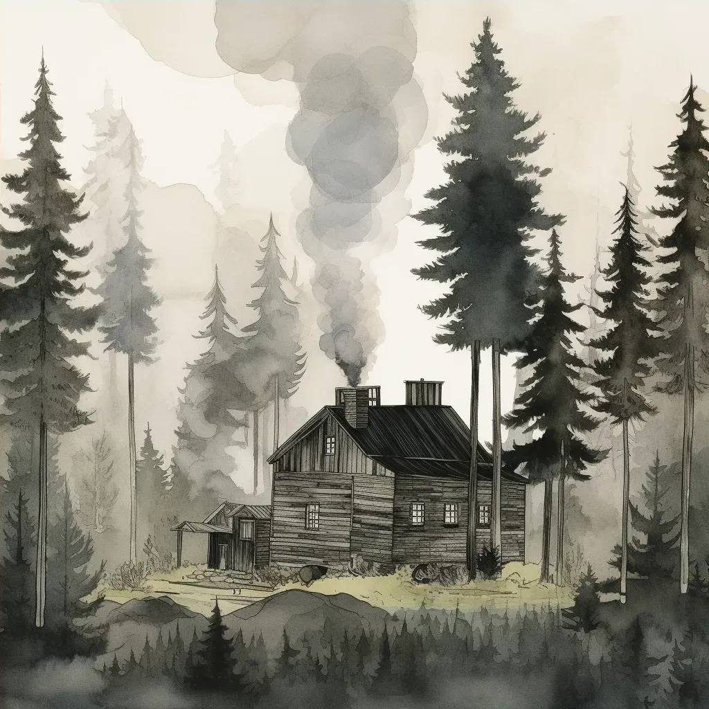 Image of a humble cabin among towering pine trees - Image 4