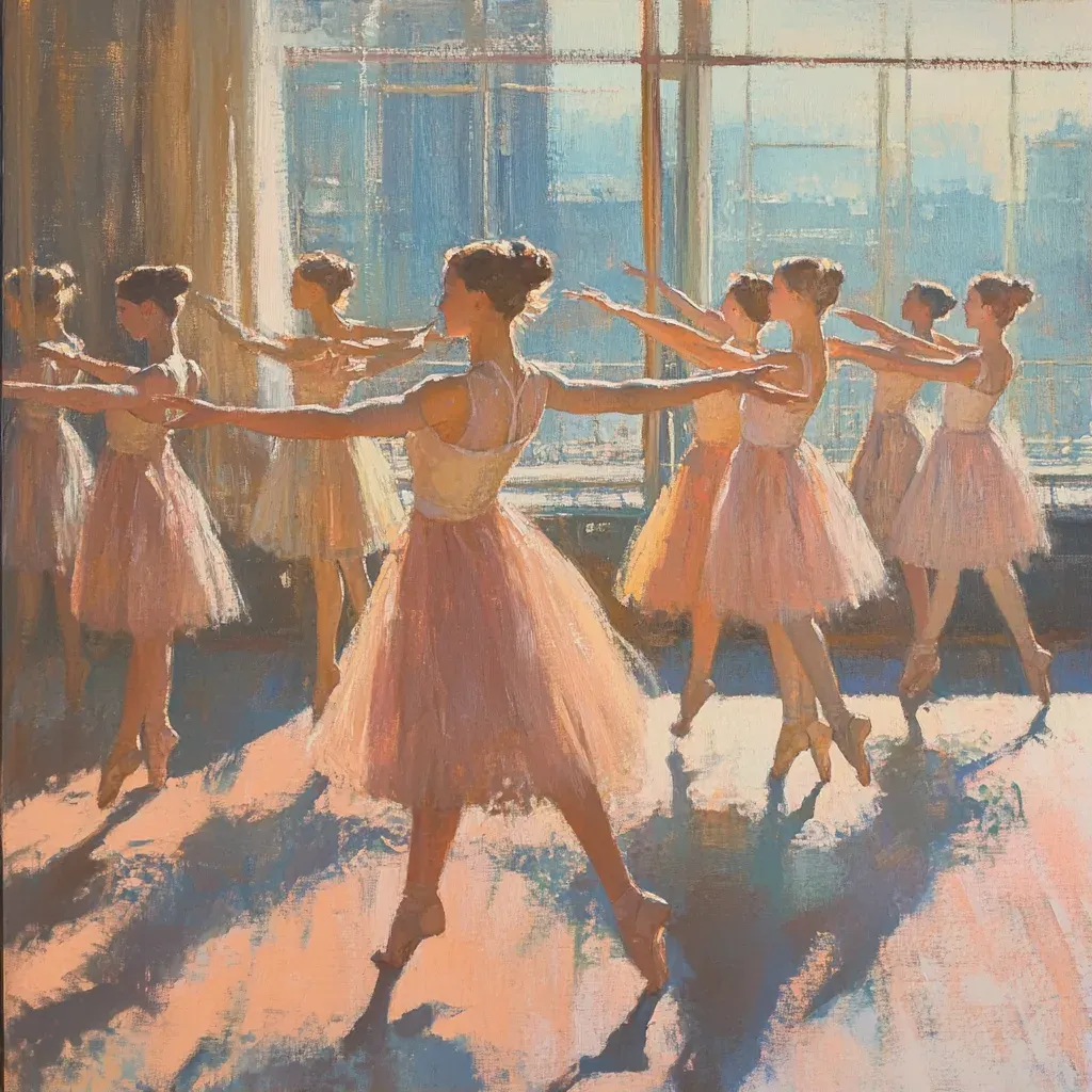 Pastel painting of a sunlit ballet rehearsal - Image 1