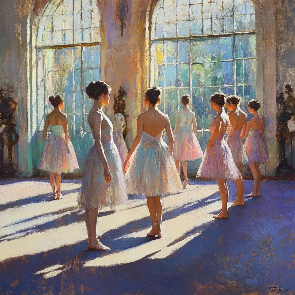 Pastel painting of a sunlit ballet rehearsal - Image 2