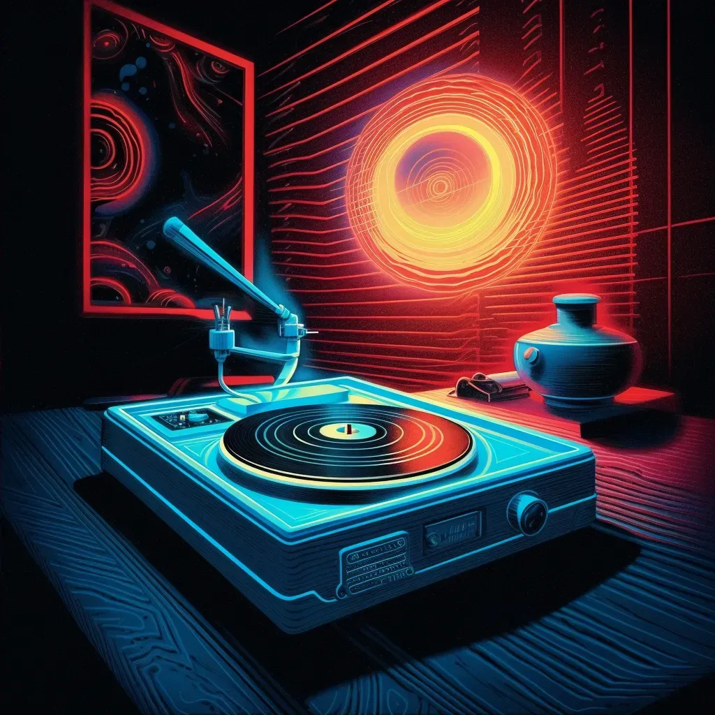 Vintage record player emitting a soft glow in a dimly lit room - Image 2