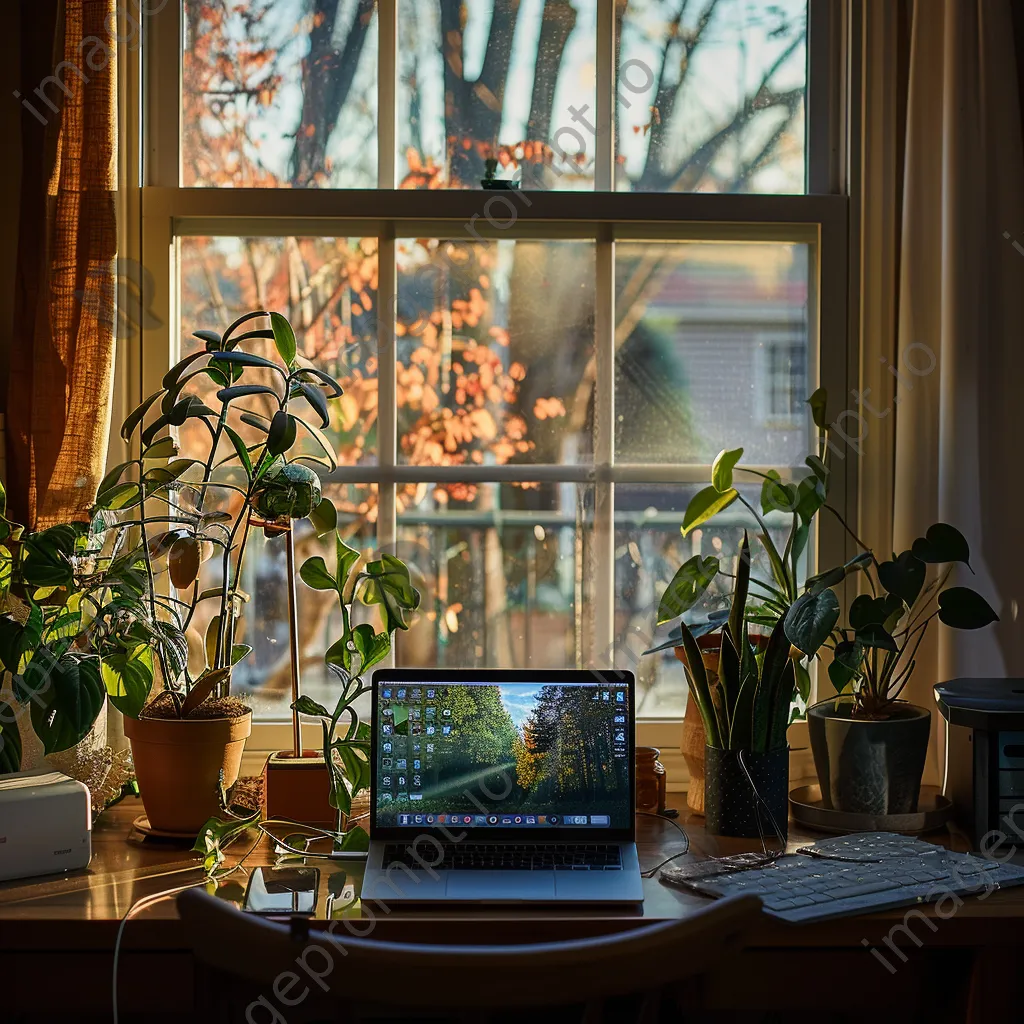 A cozy home office with plants and a laptop in natural light - Image 3