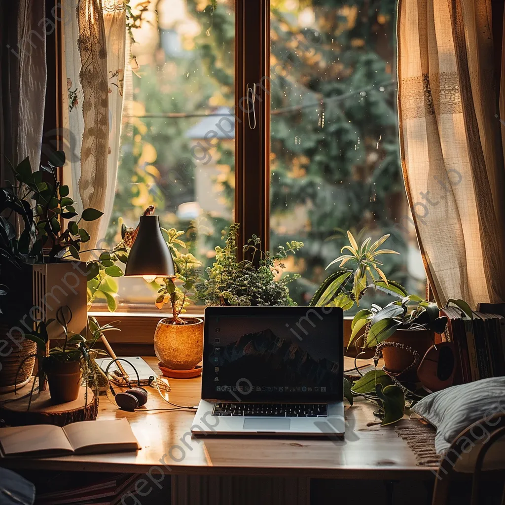 A cozy home office with plants and a laptop in natural light - Image 4