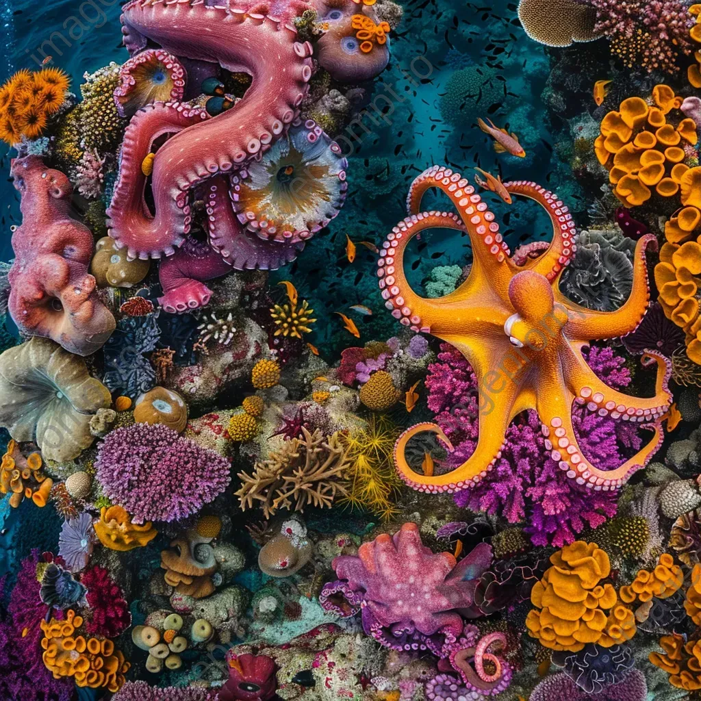 Majestic coral reef with octopuses weaving through intricate coral formations, photographed with a DJI Mavic Air 2S. - Image 1