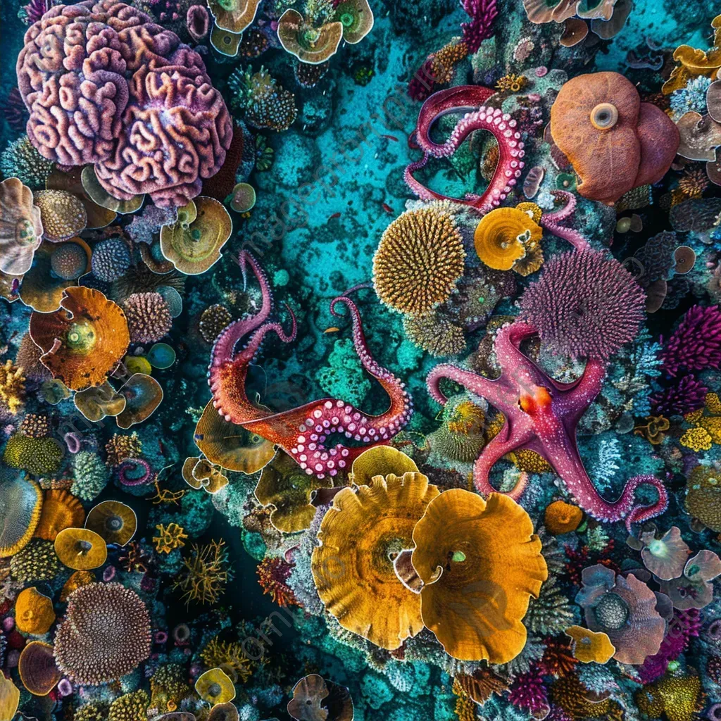 Majestic coral reef with octopuses weaving through intricate coral formations, photographed with a DJI Mavic Air 2S. - Image 2