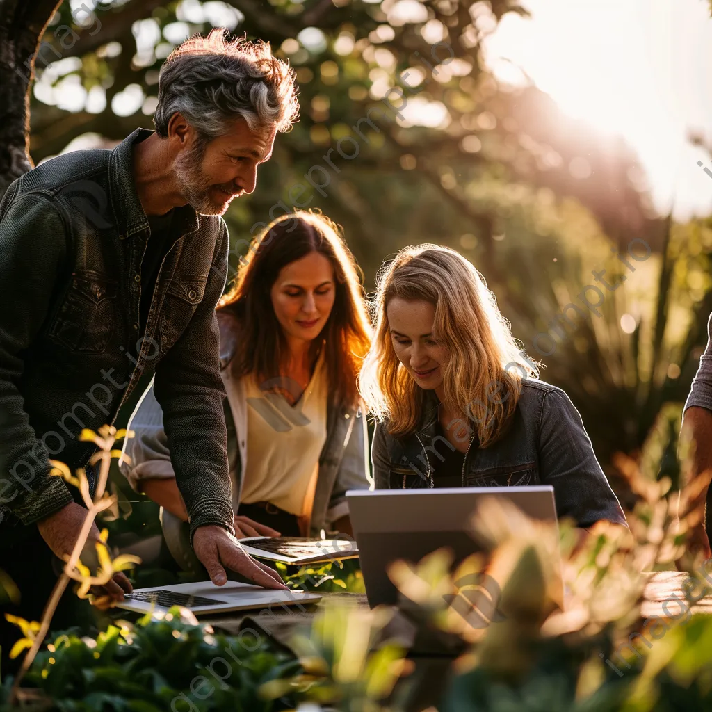 Colleagues working outdoors together using a laptop and tablet - Image 2