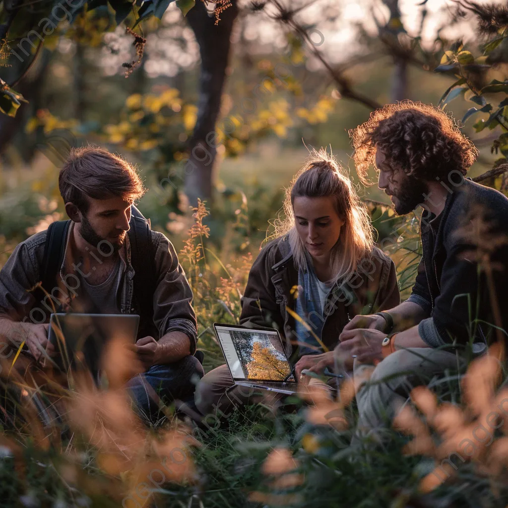 Colleagues working outdoors together using a laptop and tablet - Image 3