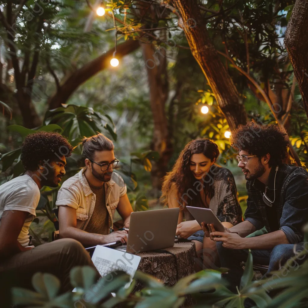 Colleagues working outdoors together using a laptop and tablet - Image 4